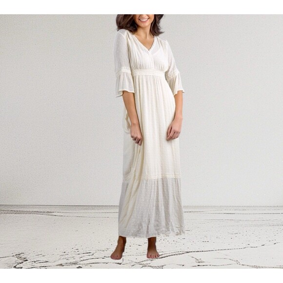 Knox Rose Clip Swiss Dot Ruffle Flared Sleeve Tiered Maxi Dress Ivory Size L - Picture 1 of 16
